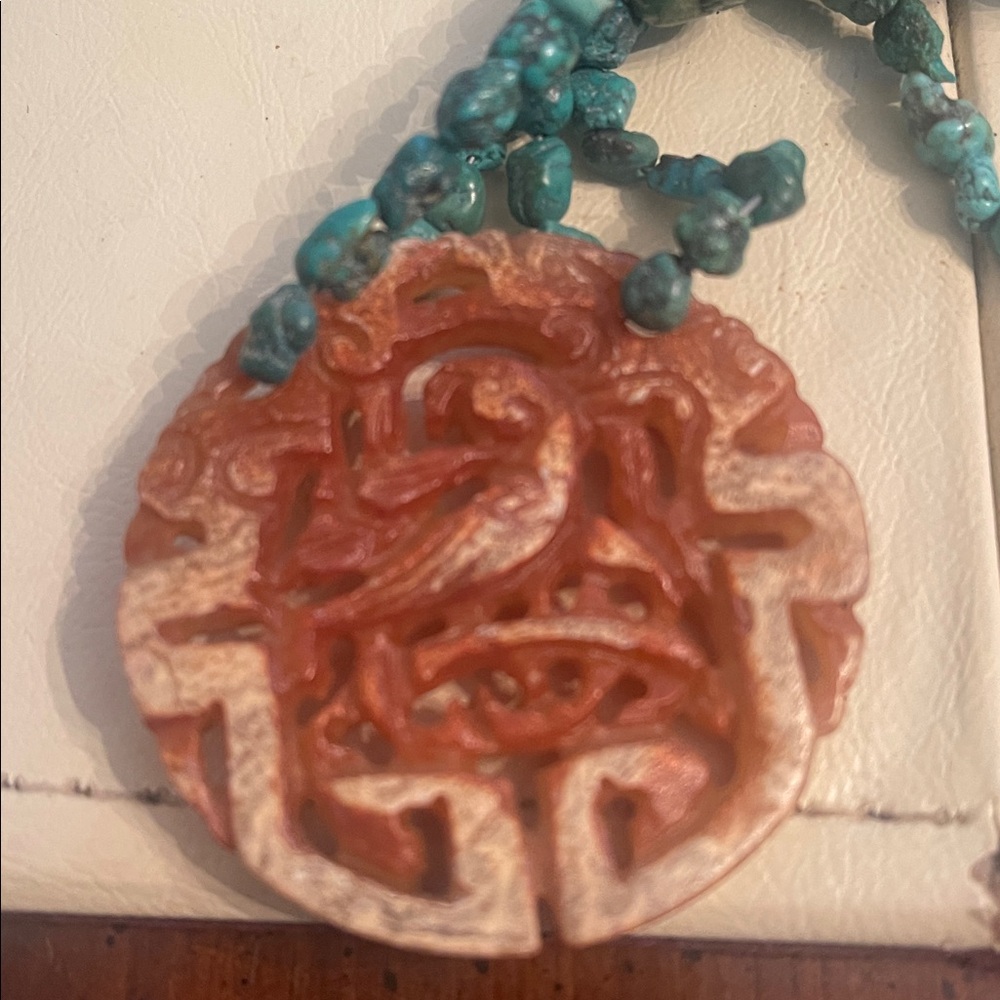 Handcrafted Turquoise and Orange Pendant Necklace - Picture 10 of 11